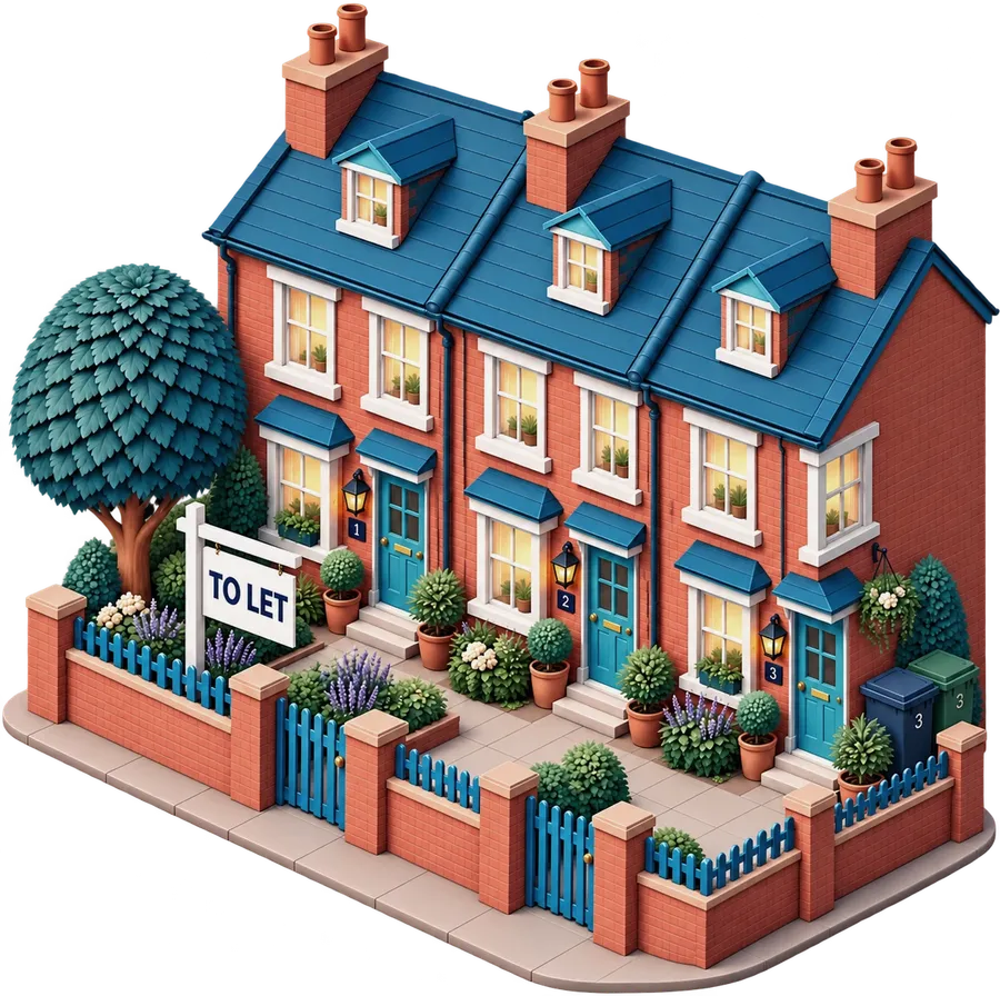 Illustration of a row of terraced houses with a TO LET sign