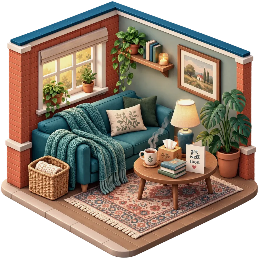 Illustration of a cosy living room with a blanket on the sofa, a mug of tea, tissues and a get well soon card