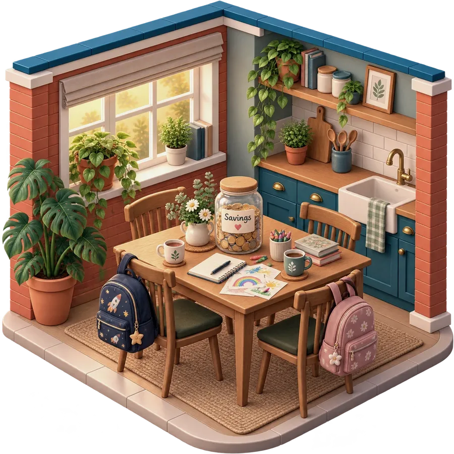 Illustration of a family kitchen table with a savings jar, children’s drawings and school bags