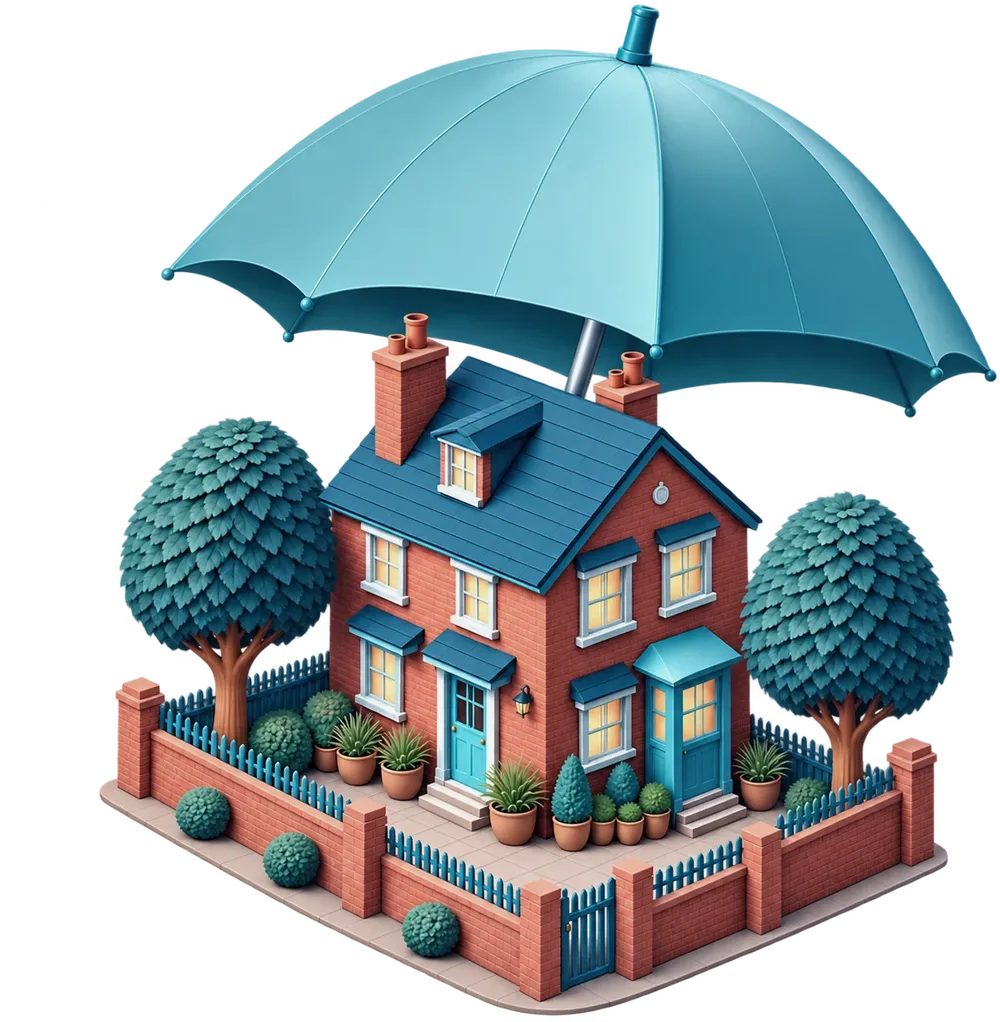 Illustration of a family home sheltered by an umbrella