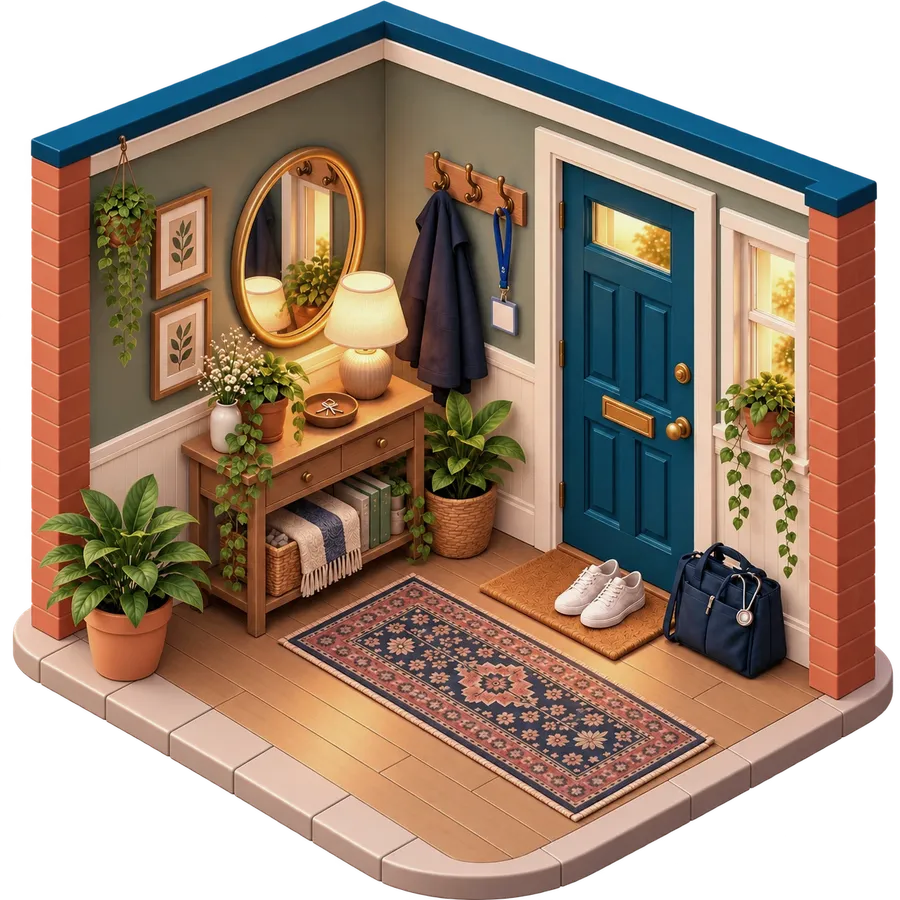 Illustration of a cosy hallway with a hospital lanyard and coat on the hooks, work trainers on the mat and a nurse's bag by the door