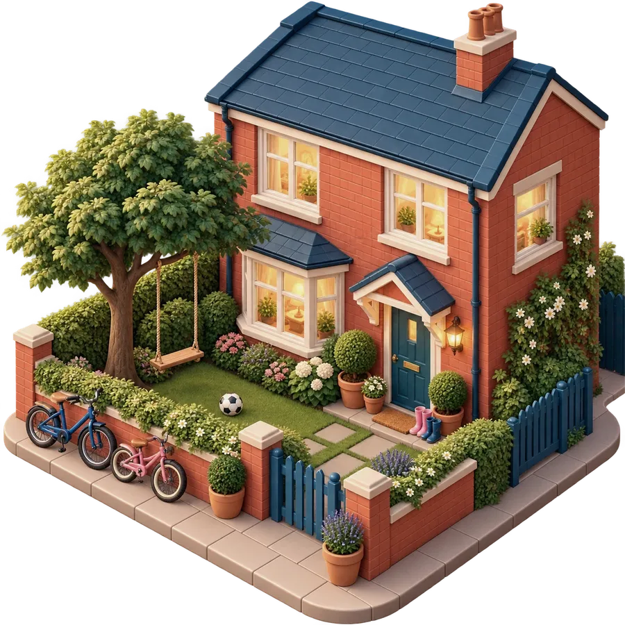 Illustration of a red-brick family home with children's bikes by the wall, a football on the lawn and a rope swing in the tree