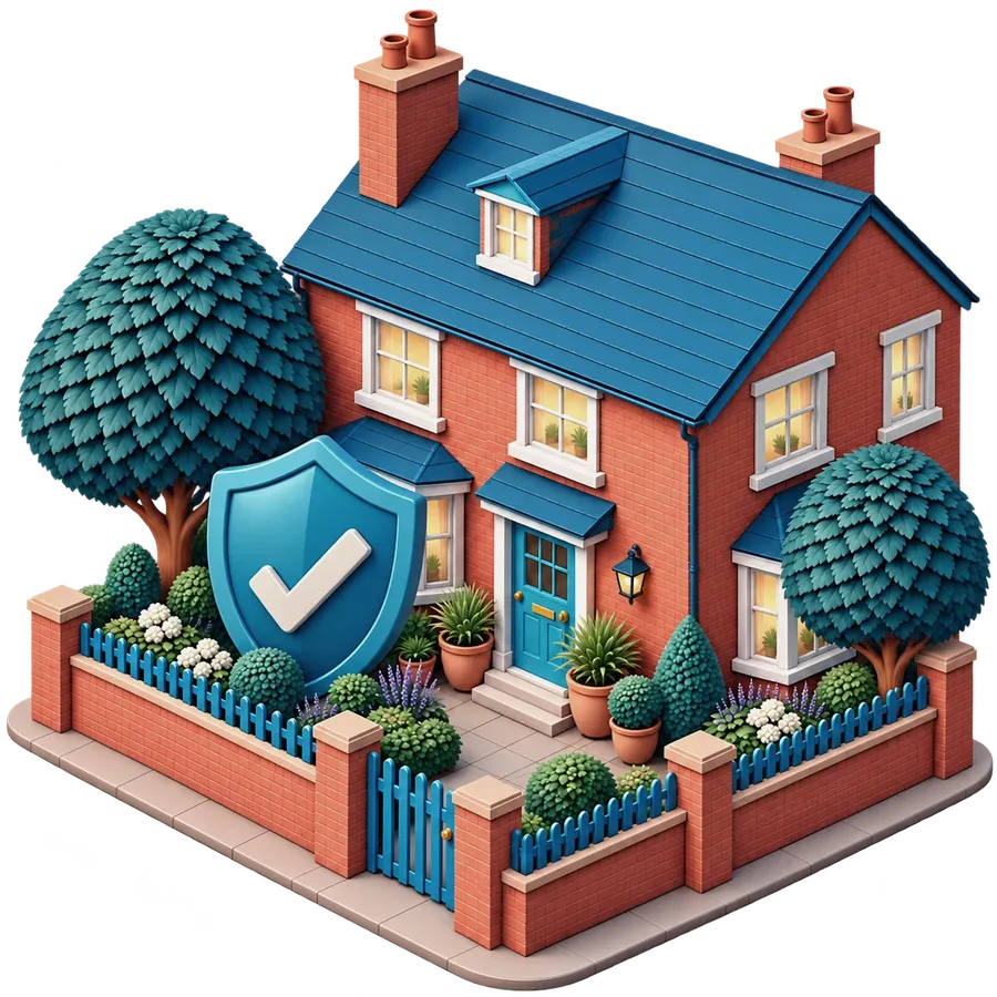 Illustration of a red-brick family home with a large protective shield in the front garden
