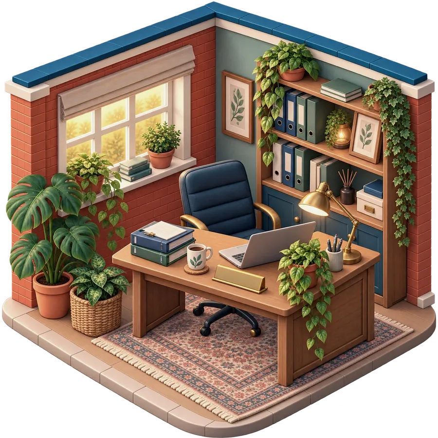 Illustration of a tidy office with a desk, laptop, nameplate and shelves of files