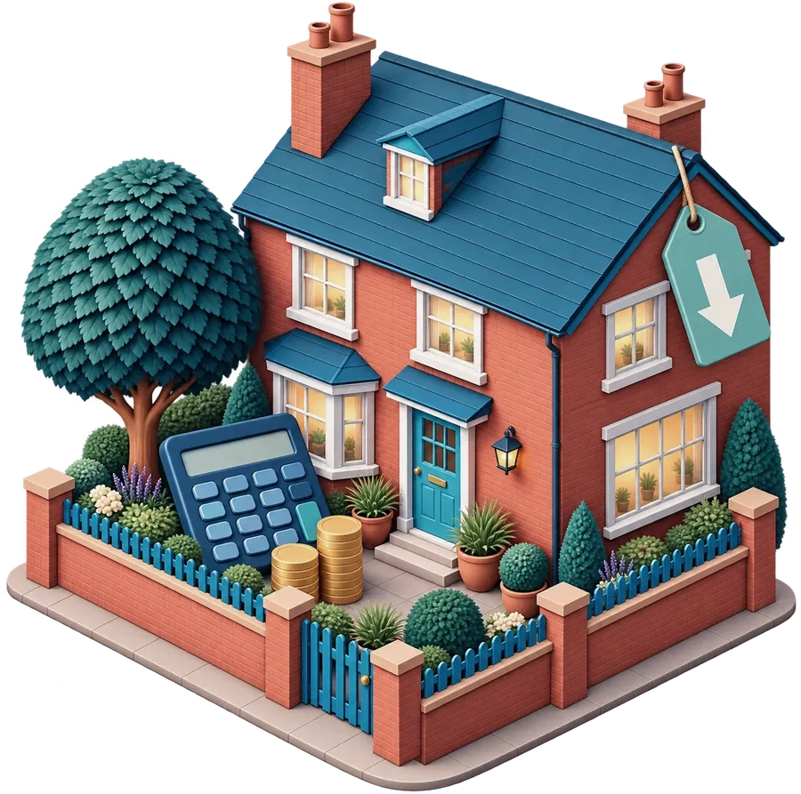 Illustration of a house with a calculator, coins and a price tag with a downward arrow