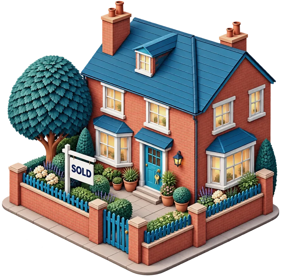 Illustration of a red-brick house with keys in the front door and a SOLD sign in the garden