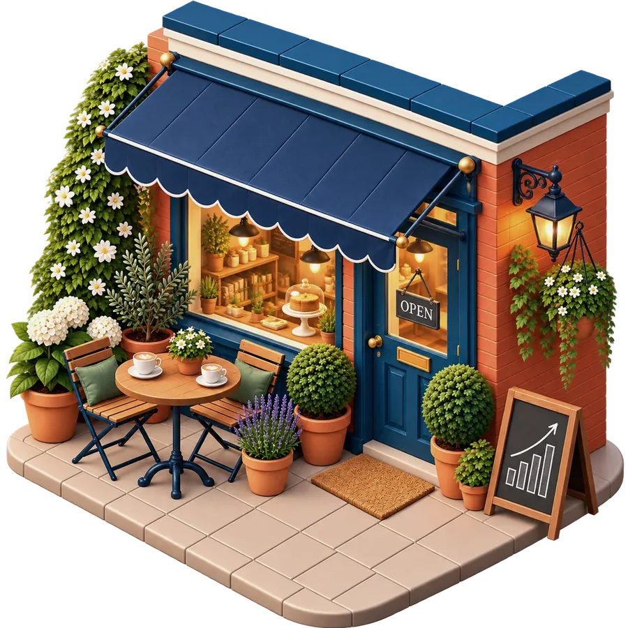 Illustration of a small shop with an OPEN sign, two coffees on an outside table and a chalkboard showing a rising chart
