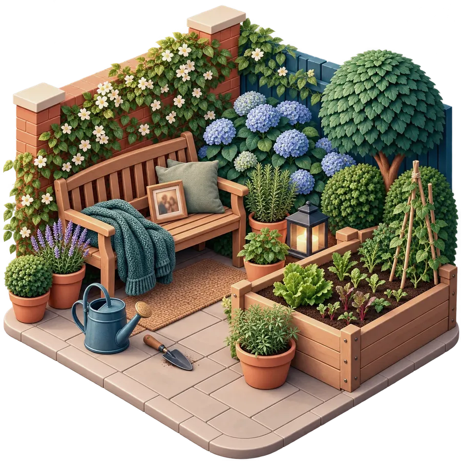 Illustration of a peaceful garden with a bench, a framed family photo, a watering can and a vegetable bed